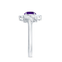 Nature-inspired 1 carat amethyst engagement ring with diamond accents by Rosec Jewels, featuring intricate metalwork and gemstone details.