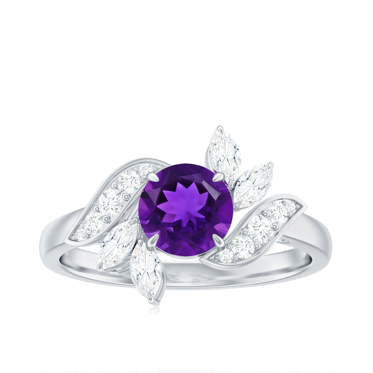 Nature-inspired 1 carat amethyst engagement ring with diamond accents from Rosec Jewels, showcasing a detailed floral design.