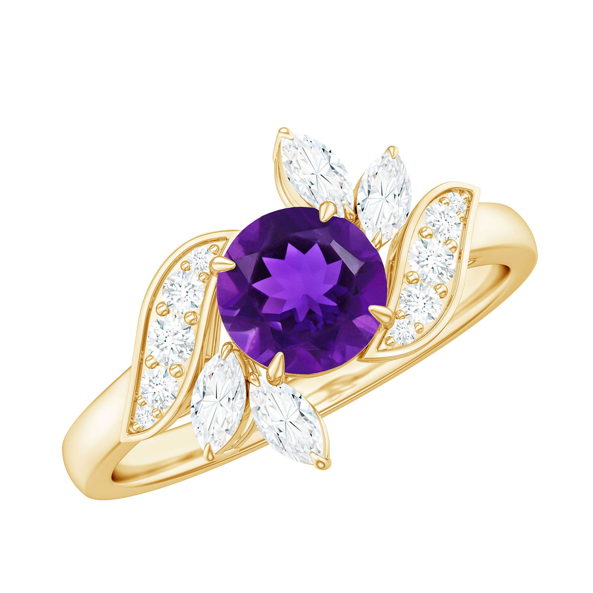 Nature-inspired 1 carat amethyst engagement ring with diamonds from Rosec Jewels, featuring a detailed floral design and gemstone accents.