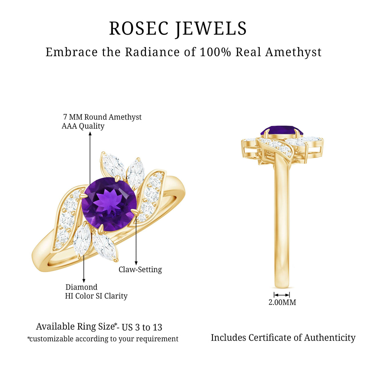 Nature-inspired 1 carat amethyst engagement ring with diamond accents from Rosec Jewels, featuring a detailed floral design and sterling band.