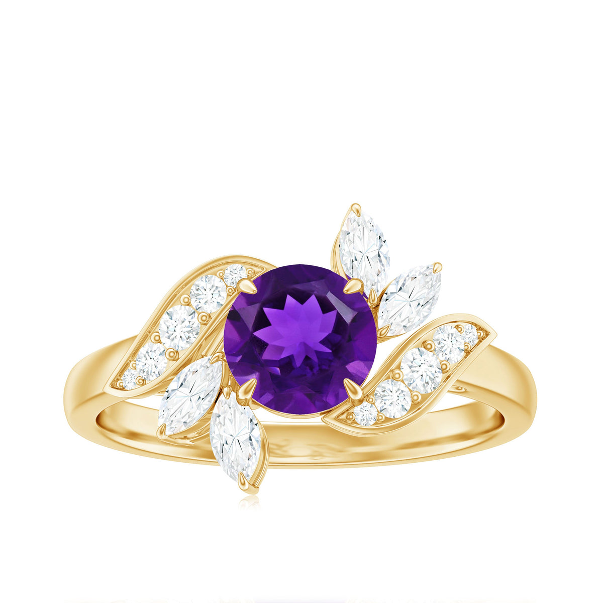 Nature-inspired 1 carat amethyst engagement ring with diamond accents from Rosec Jewels, featuring a detailed floral design.