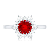 Claw Set Lab Grown Ruby and Diamond Halo Engagement Ring