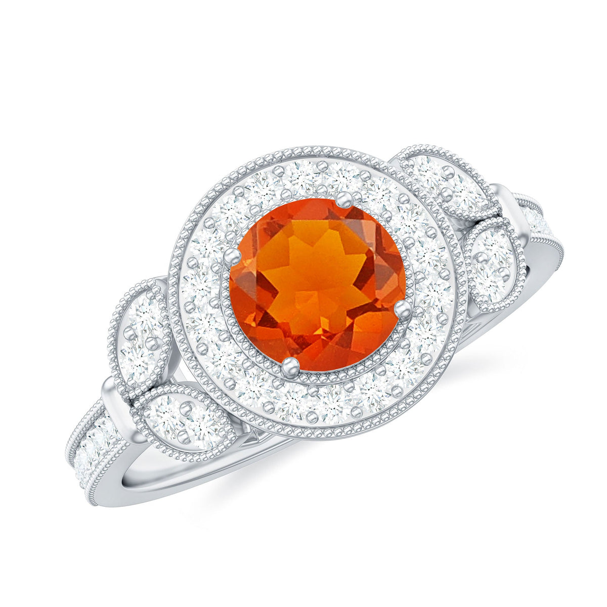 Vintage-inspired fire opal engagement ring with diamonds by Rosec Jewels, showcasing a colorful fire opal center and sparkling accent diamonds.
