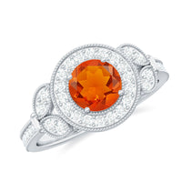 Vintage-inspired fire opal engagement ring with diamonds by Rosec Jewels, showcasing a colorful fire opal center and sparkling accent diamonds.