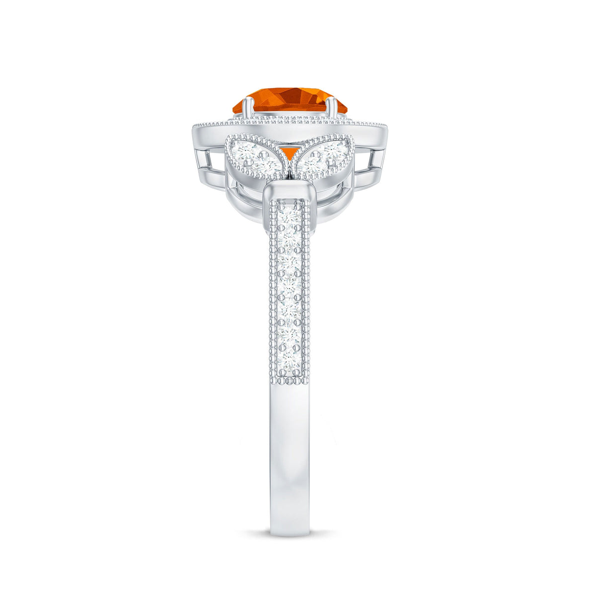 Vintage-inspired fire opal engagement ring with sparkling diamonds by Rosec Jewels, featuring a central fiery orange opal gemstone.