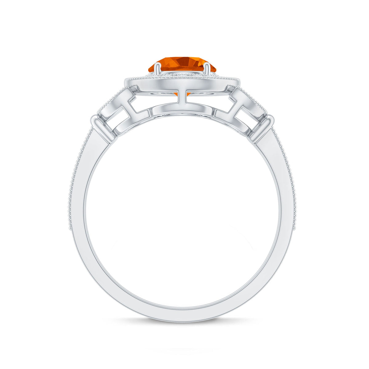 Vintage-inspired Rosec Jewels fire opal engagement ring with diamonds, featuring a central fiery orange opal and sparkling side stones.