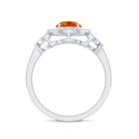 Vintage-inspired Rosec Jewels fire opal engagement ring with diamonds, featuring a central fiery orange opal and sparkling side stones.
