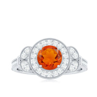 Vintage inspired fire opal engagement ring with diamonds, featuring intricate design and sparkling gemstones, by Rosec Jewels.
