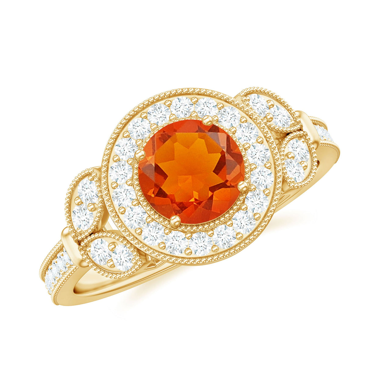Vintage-inspired fire opal engagement ring with diamonds from Rosec Jewels, featuring a central fiery orange opal and sparkling diamond accents.
