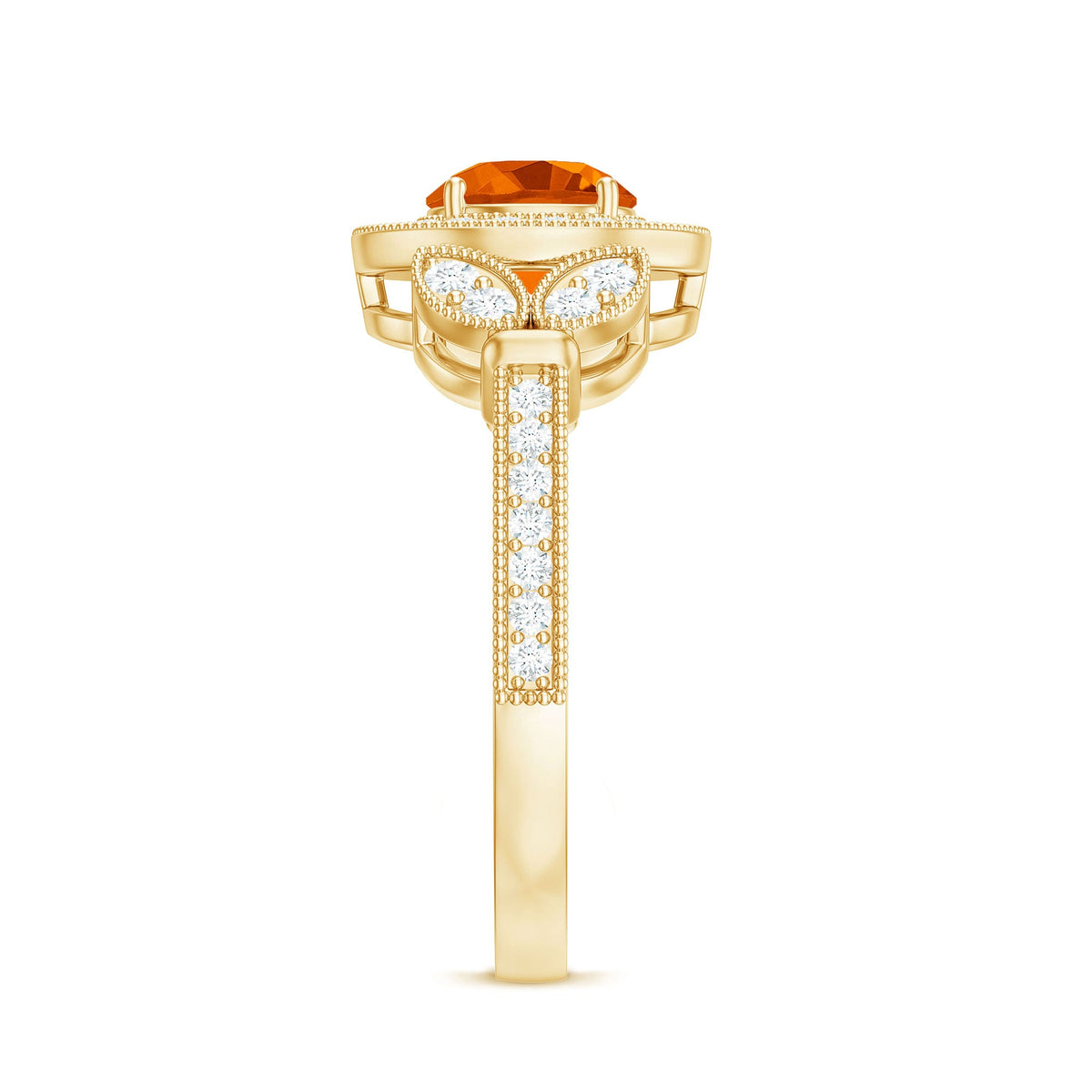 Vintage inspired fire opal engagement ring with diamonds by Rosec Jewels, showcasing a fiery opal centerpiece and sparkling diamond accents.
