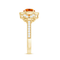 Vintage inspired fire opal engagement ring with diamonds by Rosec Jewels, showcasing a fiery opal centerpiece and sparkling diamond accents.