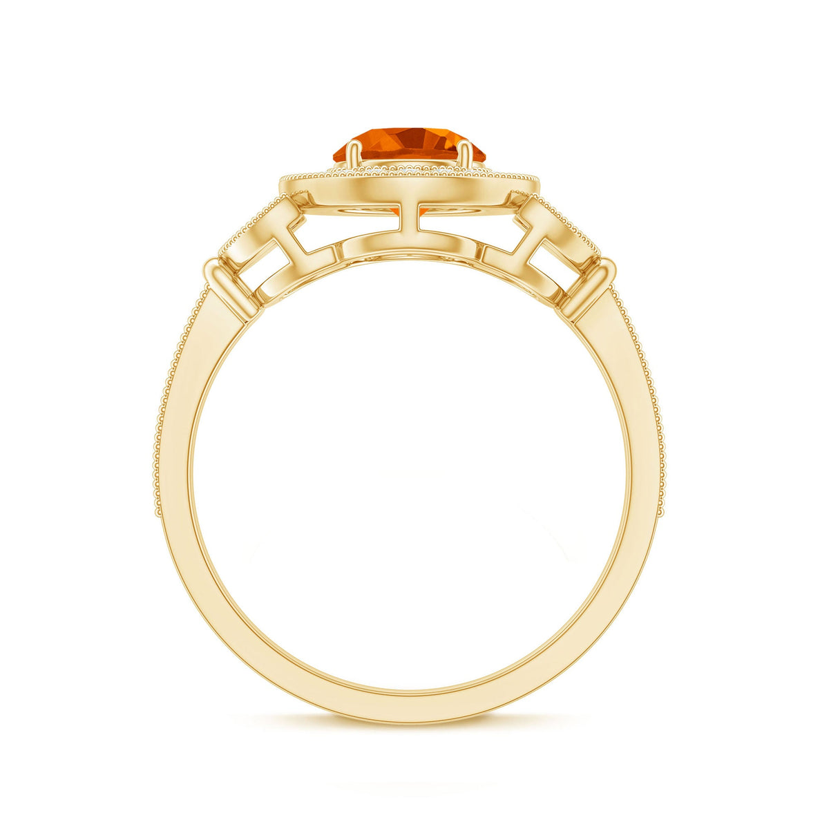 Vintage-inspired Fire Opal engagement ring with diamond accents, featuring a central fiery orange opal and intricate band design.