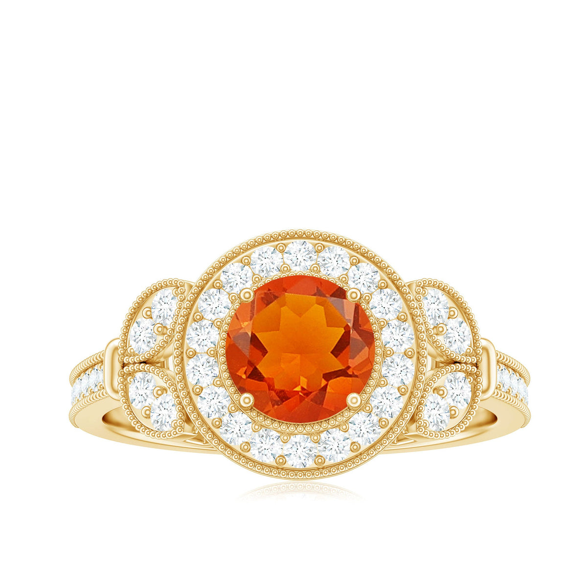 Vintage-inspired fire opal engagement ring with diamond accents, featuring intricate detailing and rose gold finish by Rosec Jewels.