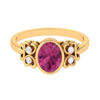 Bezel Set Oval Pink Tourmaline Statement Engagement Ring with Diamond