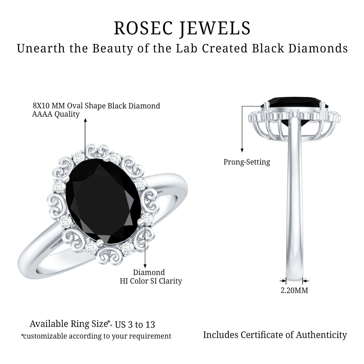 Lab Grown Black Diamond Oval Engagement Ring with Diamond