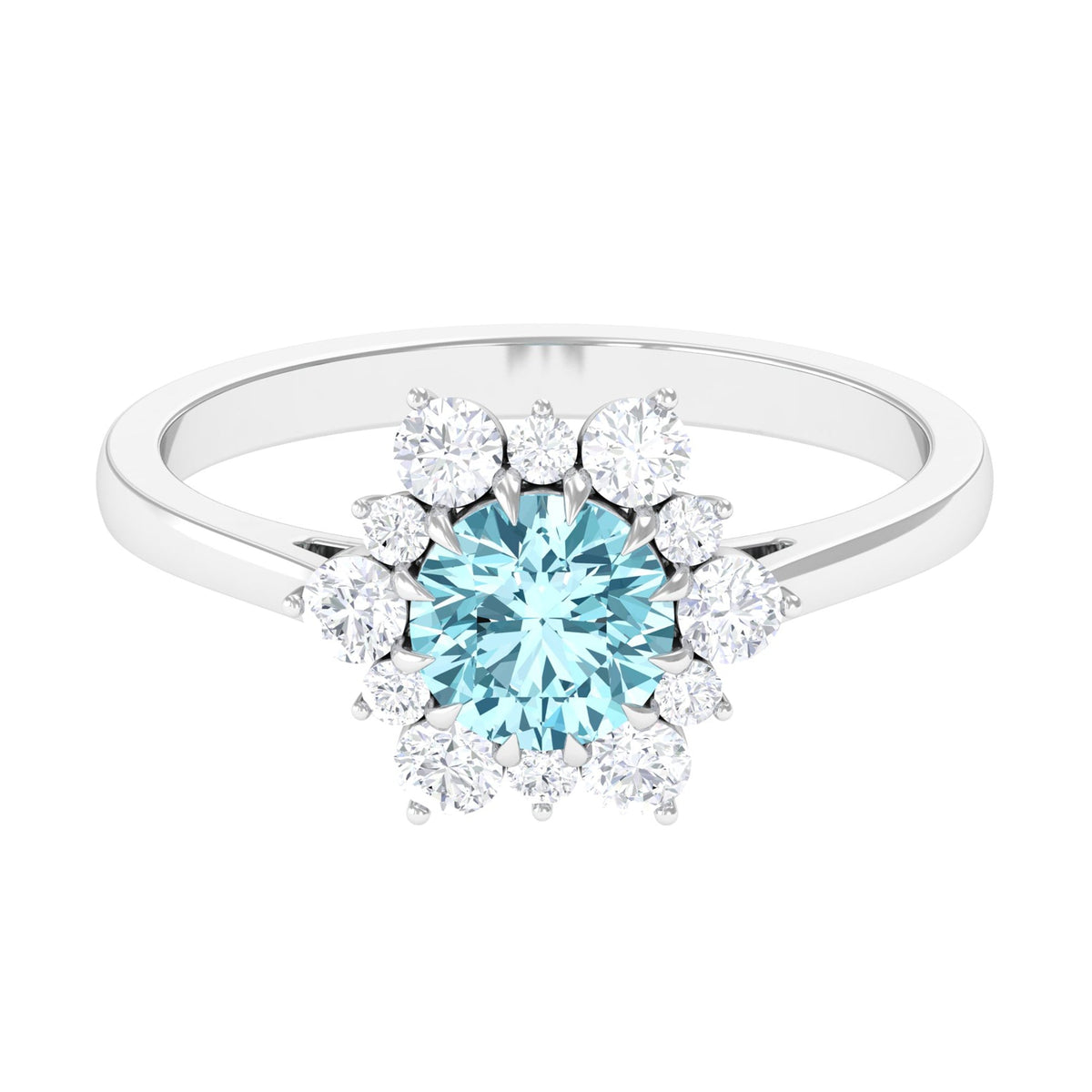 Natural 0.8 CT aquamarine engagement ring with diamond halo from Rosec Jewels, featuring a stunning gemstone and elegant design.