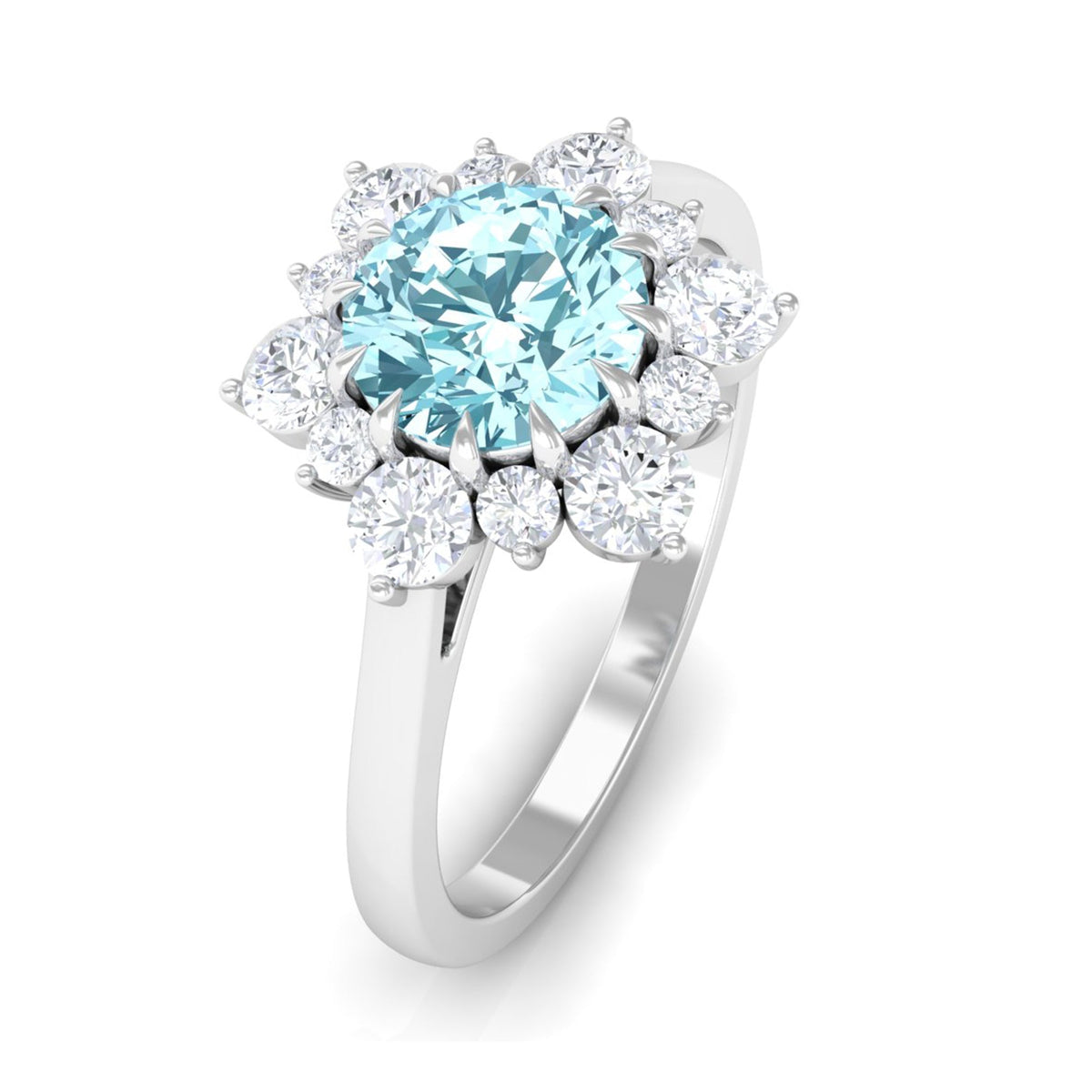 Natural 0.8 CT aquamarine engagement ring with diamond halo by Rosec Jewels, featuring a stunning statement design.
