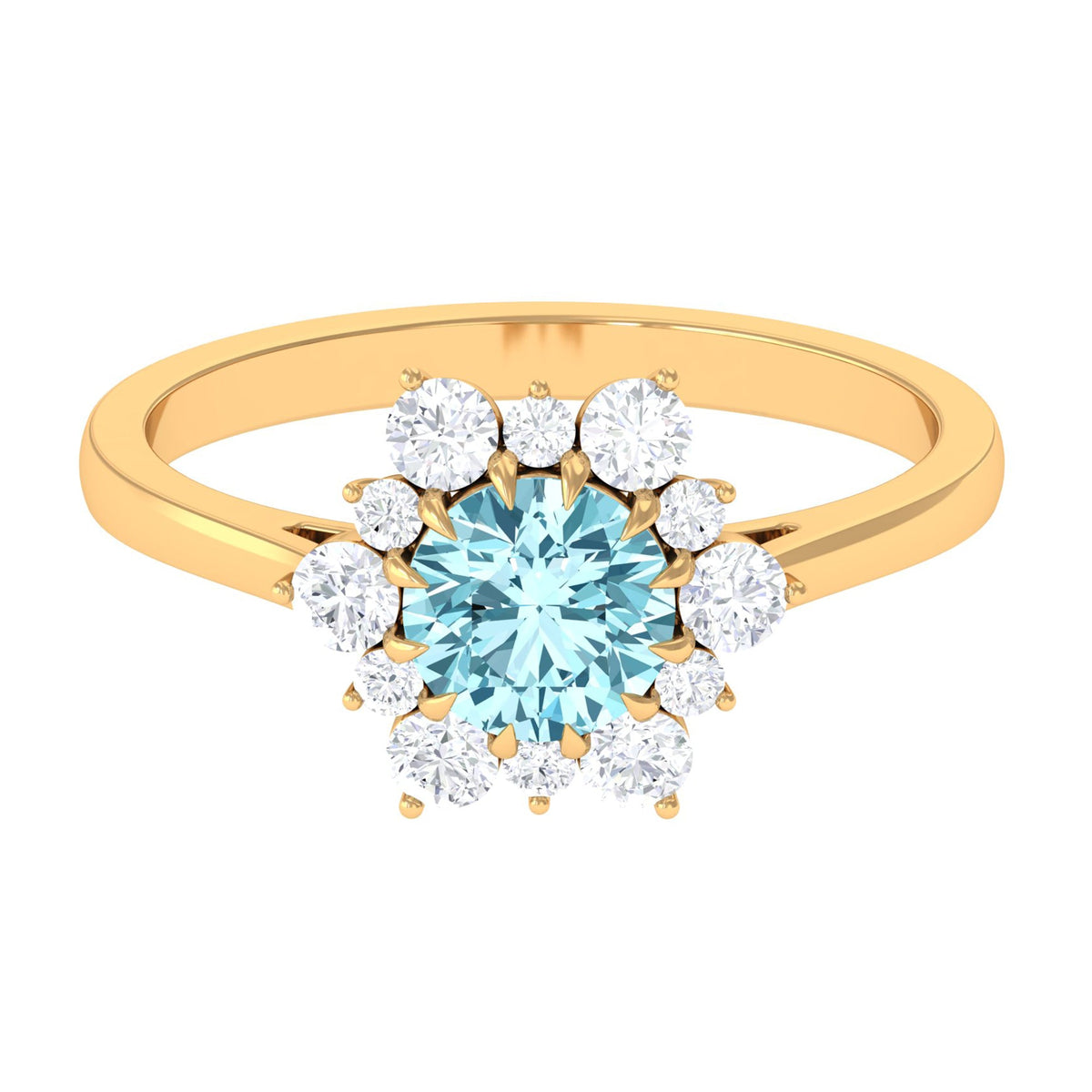 Natural 0.8 CT aquamarine engagement ring with diamond halo from Rosec Jewels, showcasing a stunning oval aquamarine gemstone and sparkling diamonds.