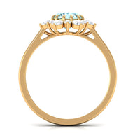 Natural 0.8 CT aquamarine statement engagement ring with diamond halo from Rosec Jewels, showcasing the detailed design and vibrant gemstone.