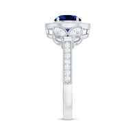 1 Carat Lab Grown Blue Sapphire Engagement Ring with Diamond Floral Halo