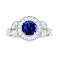1 Carat Lab Grown Blue Sapphire Engagement Ring with Diamond Floral Halo
