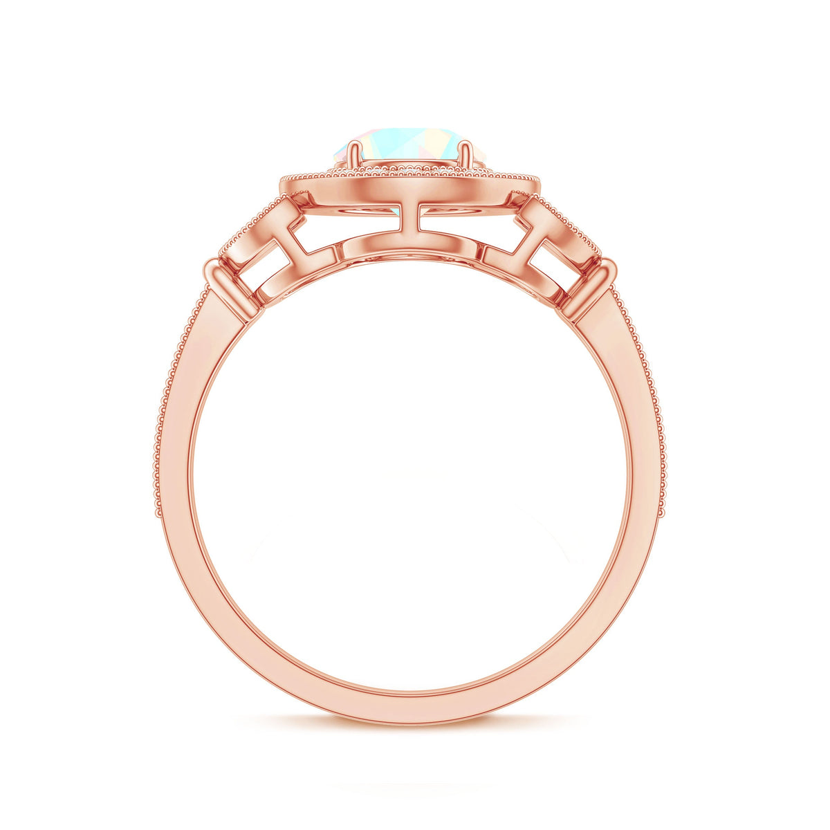 Vintage-inspired Ethiopian rainbow opal engagement ring with diamond halo, showcasing a stunning colorful center stone and sparkling accents.