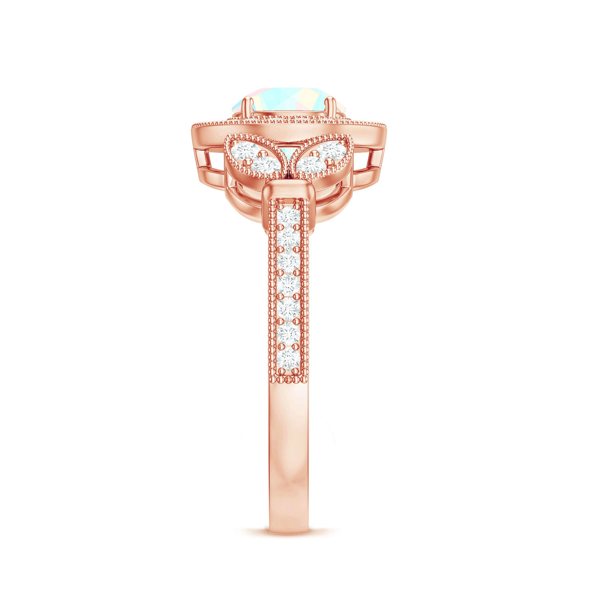 Vintage Ethiopian rainbow opal engagement ring with diamond halo, showcasing vibrant colors and intricate setting from Rosec Jewels.