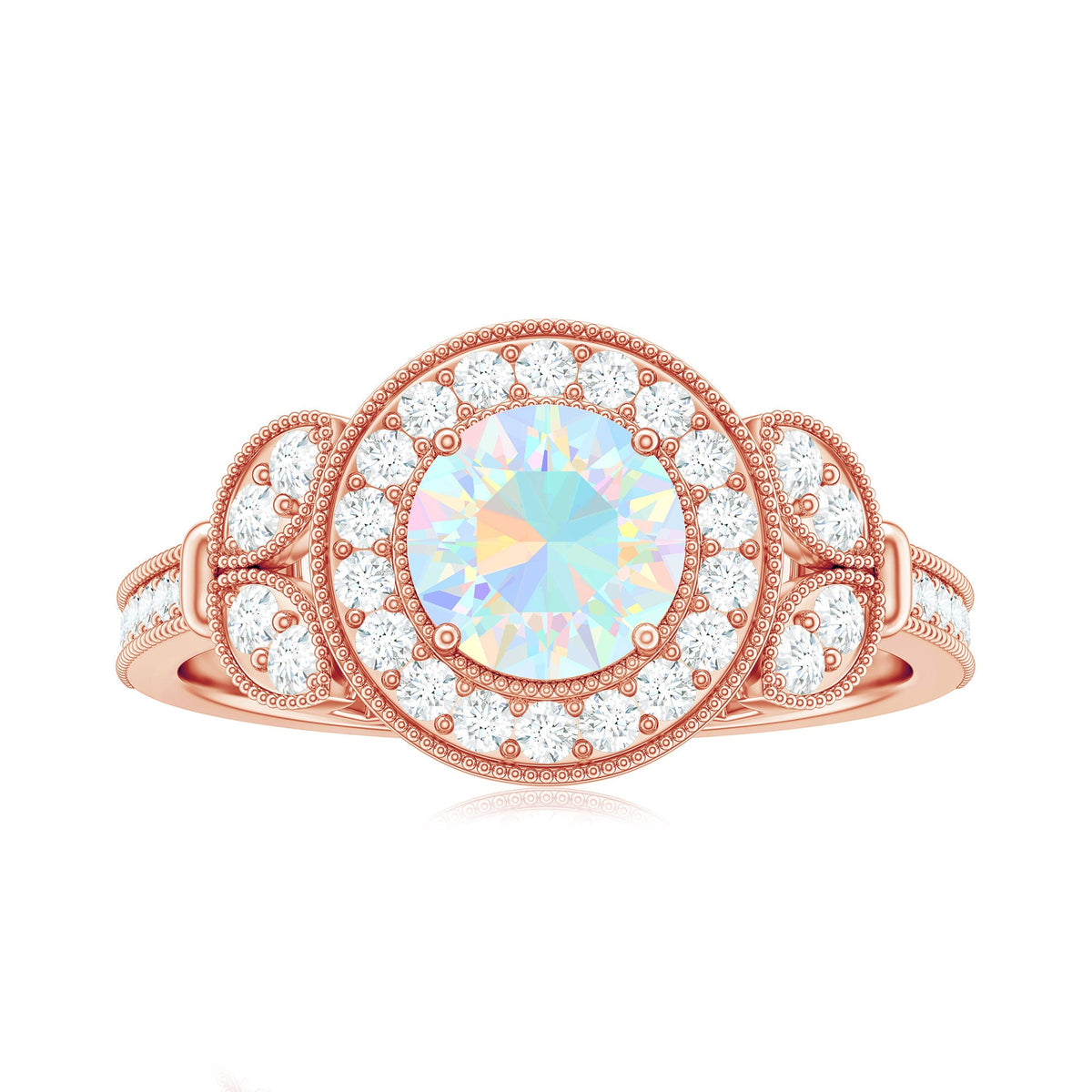 Vintage Ethiopian Rainbow Opal engagement ring with diamond halo, featuring intricate design and sparkling accents by Rosec Jewels.