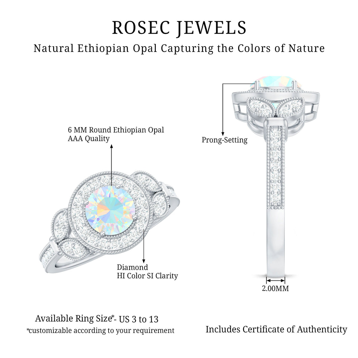 Vintage Ethiopian Rainbow Opal engagement ring with diamond halo, featuring colorful gemstones and intricate metalwork.