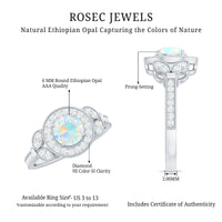 Vintage Ethiopian Rainbow Opal engagement ring with diamond halo, featuring colorful gemstones and intricate metalwork.