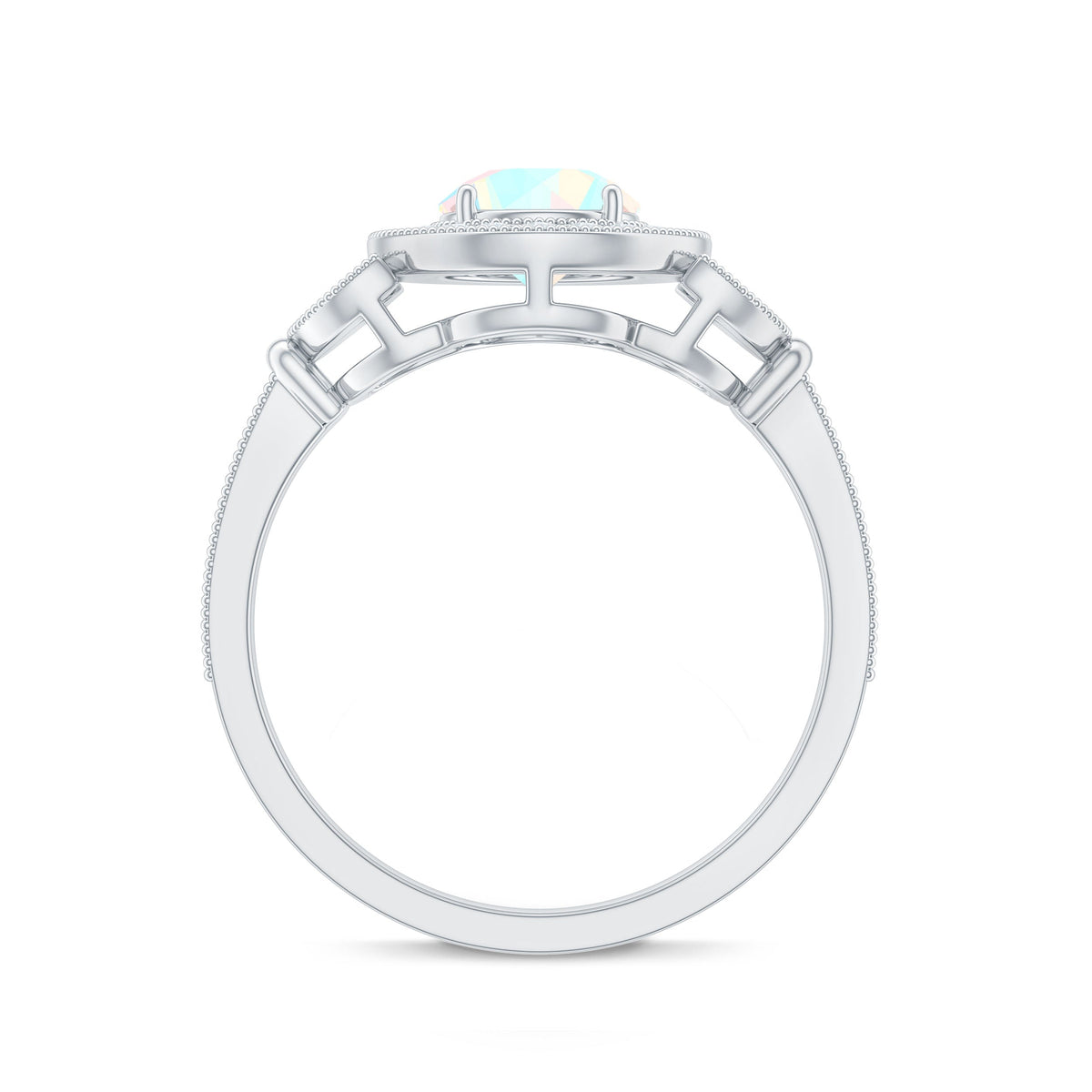 Vintage Ethiopian Rainbow Opal engagement ring with diamond halo from Rosec Jewels, showcasing colorful opal and sparkling diamond accents.