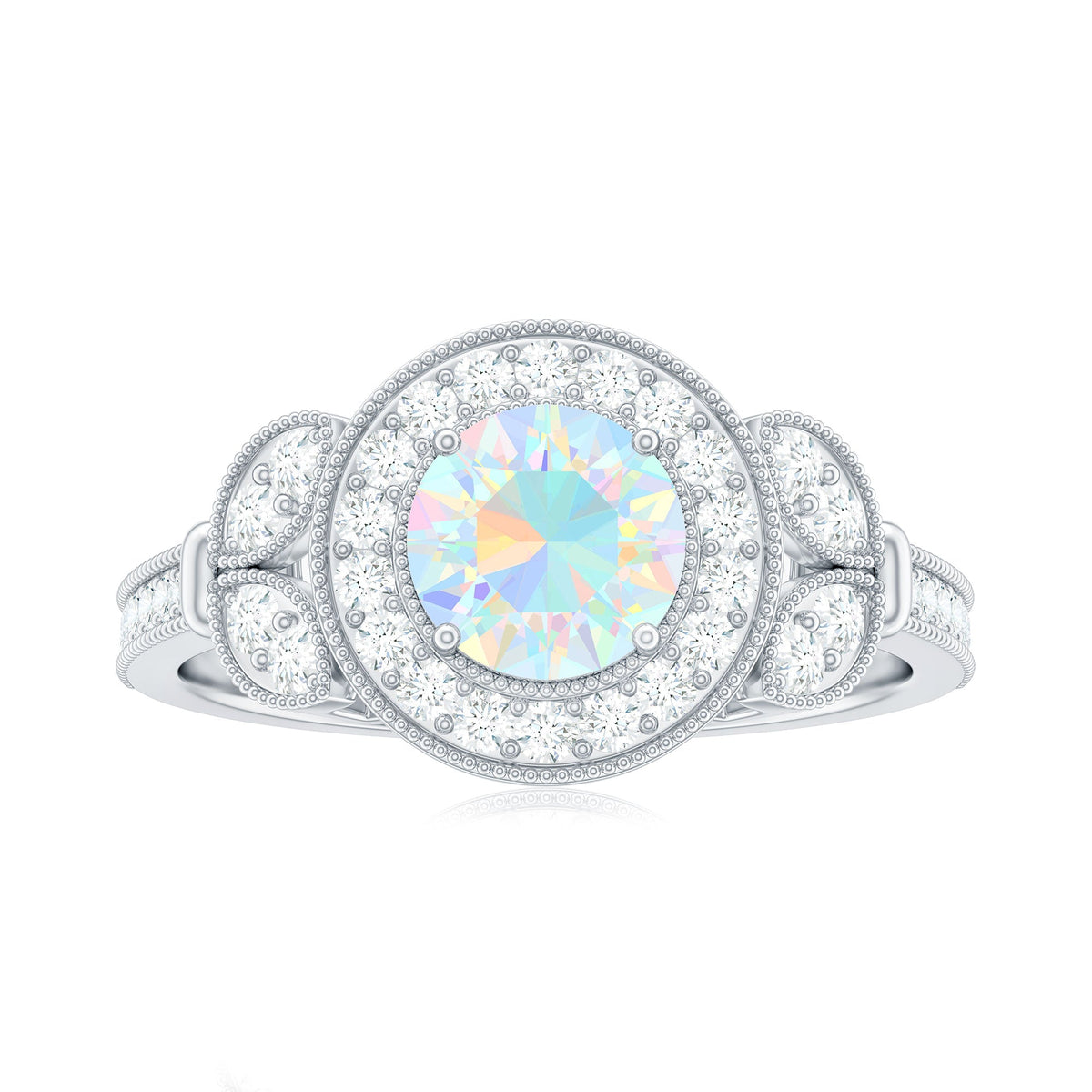 Vintage inspired Ethiopian rainbow opal engagement ring with diamond halo from Rosec Jewels, featuring colorful gemstone and elegant design.