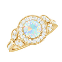 Vintage-inspired Ethiopian rainbow opal engagement ring with diamond halo, showcasing colorful gemstone and intricate design.
