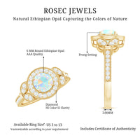Vintage-inspired Ethiopian Rainbow Opal engagement ring with diamond halo, featuring intricate silver band design.