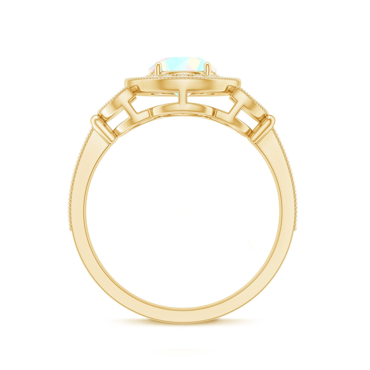 Vintage Ethiopian Rainbow Opal engagement ring with diamond halo from Rosec Jewels, showcasing colorful rainbow opal and sparkling diamonds.