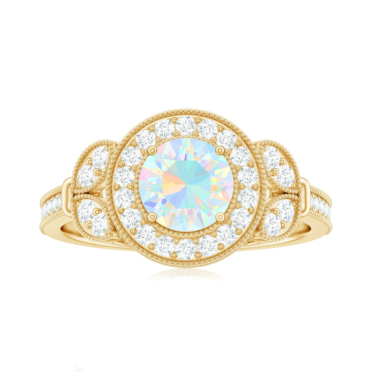 Vintage-inspired Ethiopian rainbow opal engagement ring with diamond halo, showcasing vibrant colors and intricate design from Rosec Jewels.