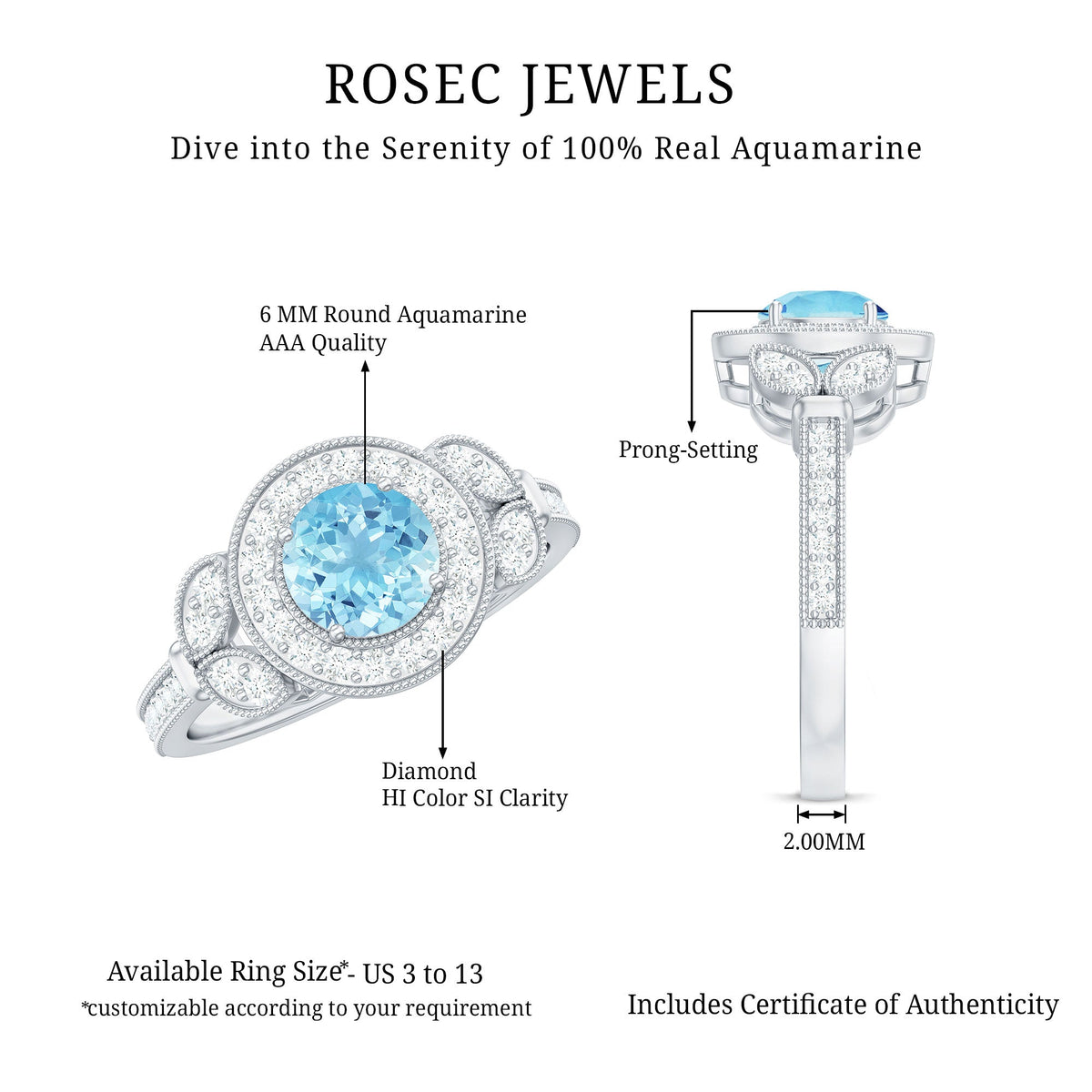 Vintage-inspired aquamarine engagement ring with diamond halo, showcasing a real aquamarine gemstone and intricate detailing.