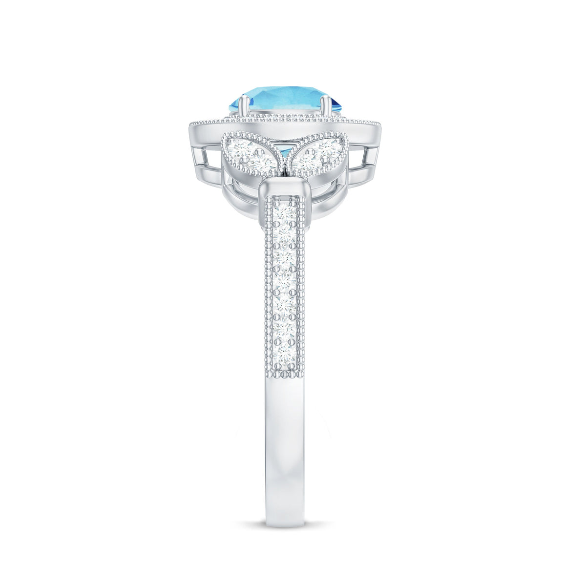 Vintage inspired aquamarine engagement ring with diamond halo from Rosec Jewels, featuring a central aquamarine gemstone and sparkling diamonds.