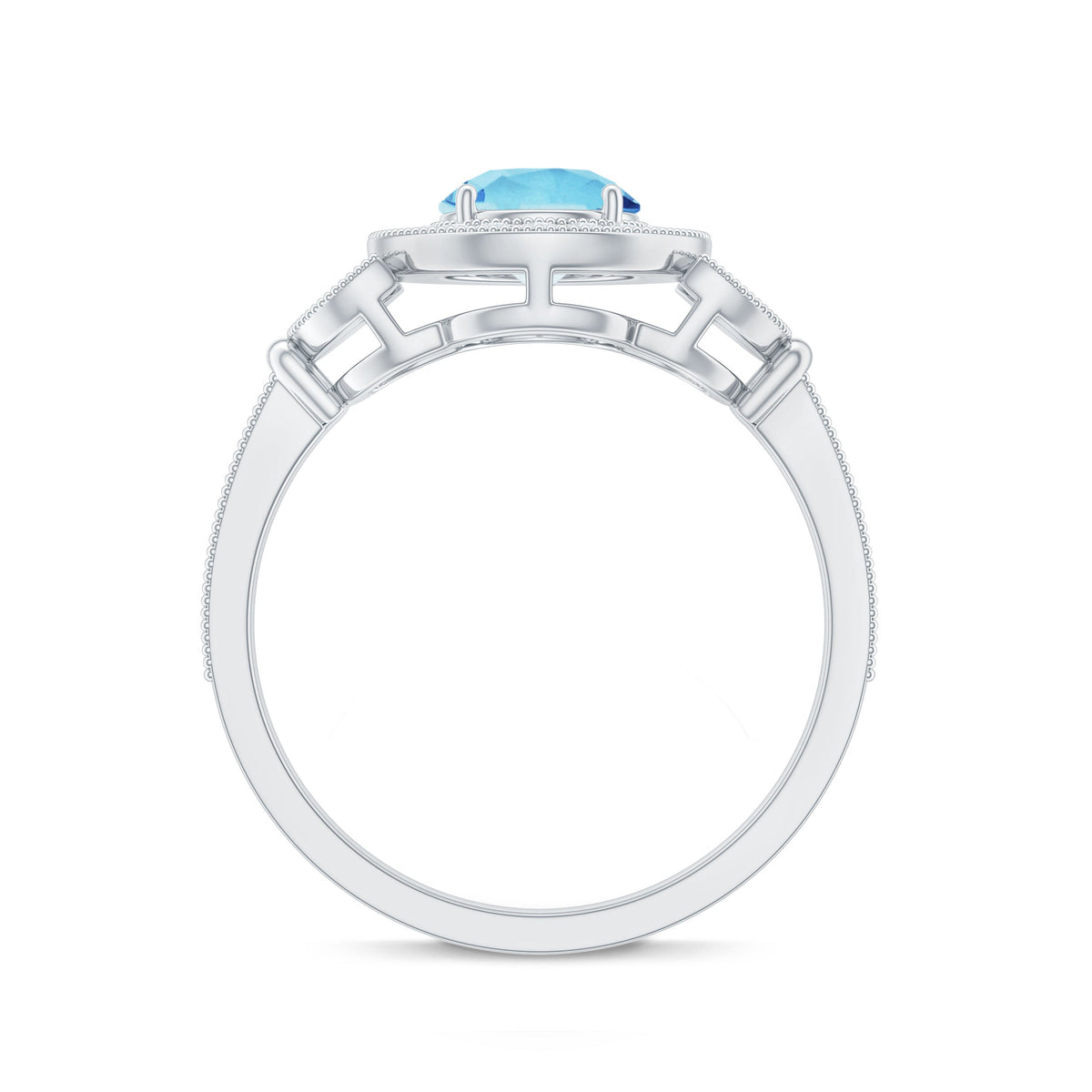 Vintage-inspired aquamarine engagement ring with diamond halo from Rosec Jewels, featuring a central aquamarine stone and surrounding diamonds.