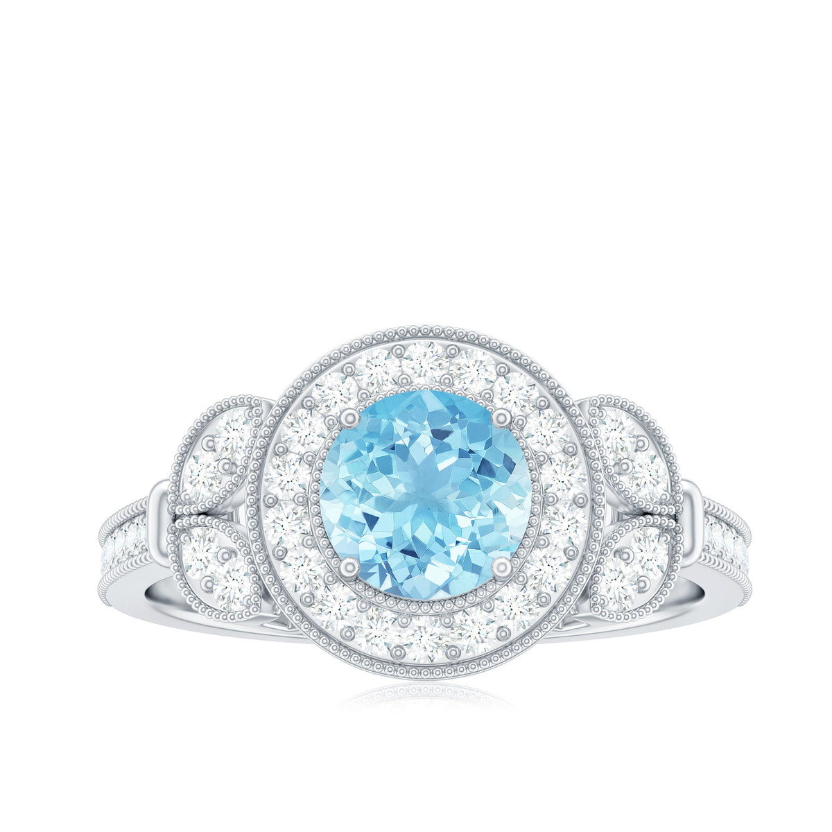 Vintage inspired real aquamarine engagement ring with diamond halo from Rosec Jewels, showcasing the detailed design and sparkling stones.
