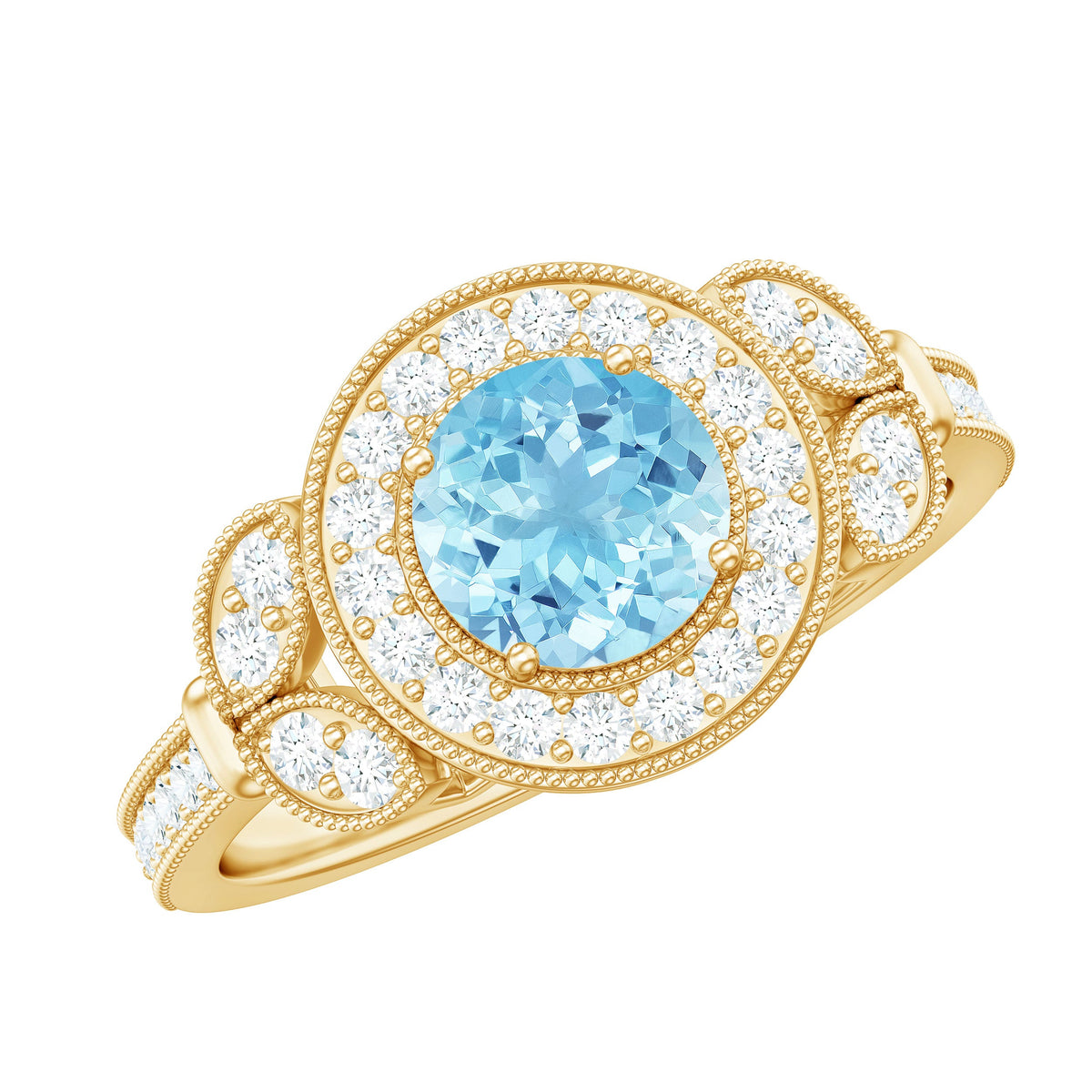 Vintage-inspired real aquamarine engagement ring with diamond halo from Rosec Jewels, showcasing the detailed gemstone and elegant band.