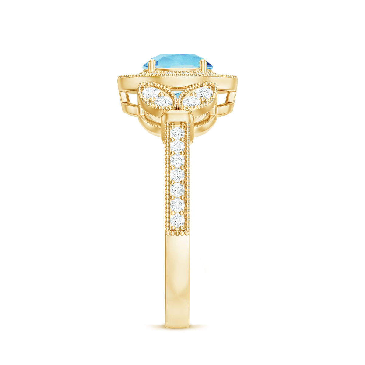 Vintage-inspired aquamarine engagement ring with diamond halo from Rosec Jewels, featuring a detailed silver band and elegant design.