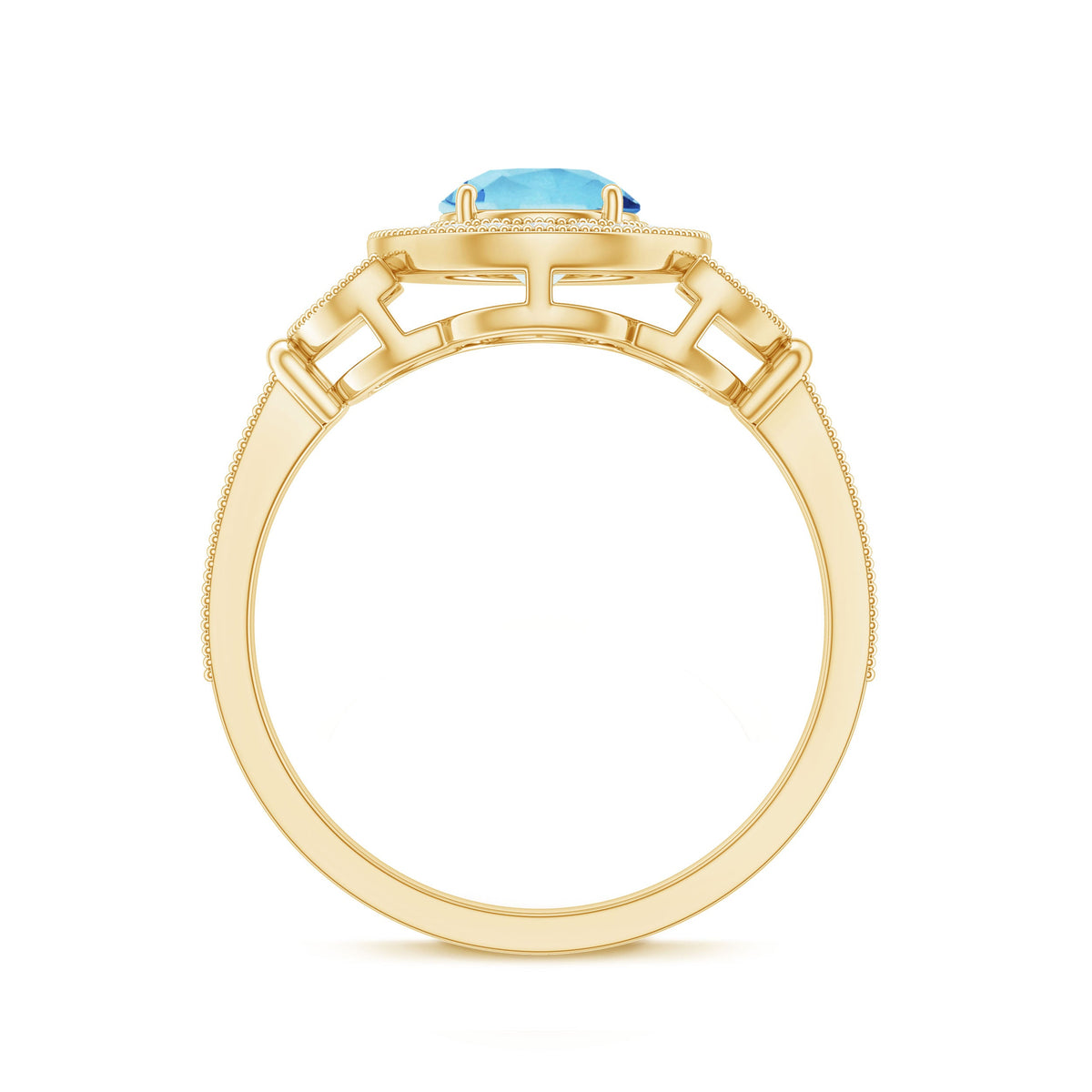 Vintage-inspired Rosec Jewels aquamarine engagement ring with diamond halo, showcasing a central aquamarine stone and intricate band detail.
