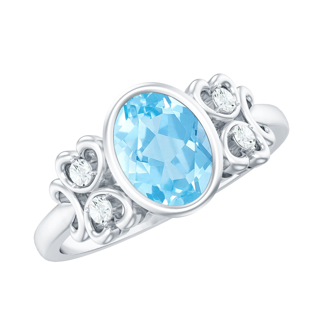 Natural 1 Carat oval aquamarine engagement ring with diamond accents from Rosec Jewels, showcasing the elegant gemstone and detailed band.