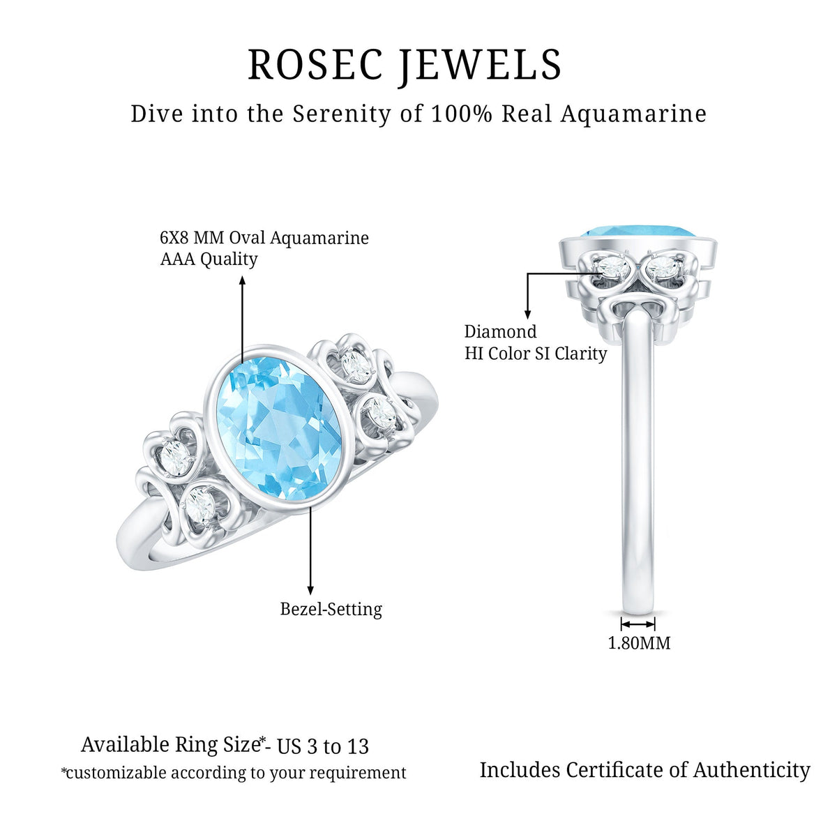 Oval aquamarine engagement ring with diamond accents, natural 1 carat stone, set in a elegant Rosec Jewels ring design.
