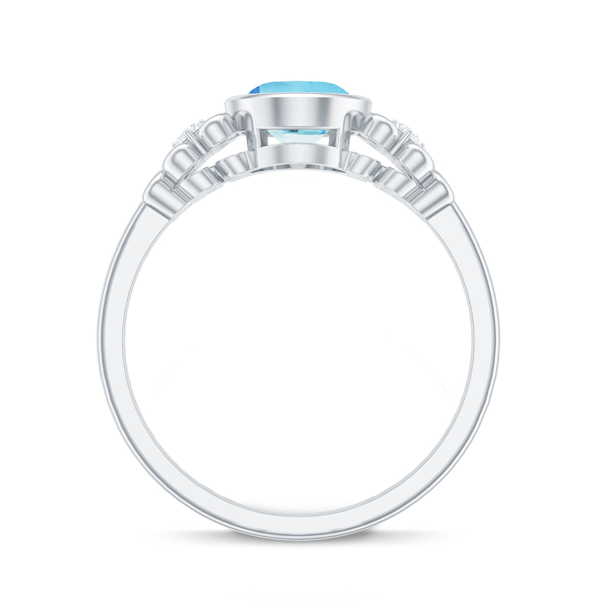 Natural 1 Carat oval aquamarine engagement ring with diamond accents by Rosec Jewels, featuring a delicate gold band and elegant design.