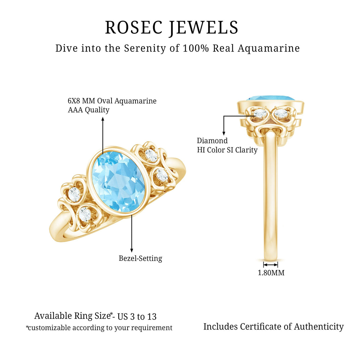 Oval aquamarine engagement ring with diamond accents from Rosec Jewels, showcasing the natural 1 carat gemstone and elegant design.
