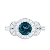 Vintage Inspired London Blue Topaz Engagement Ring with Diamond Halo