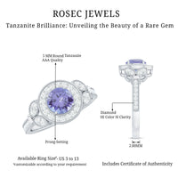 Real Tanzanite Retro Engagement Ring with Diamond Halo
