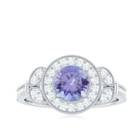 Real Tanzanite Retro Engagement Ring with Diamond Halo